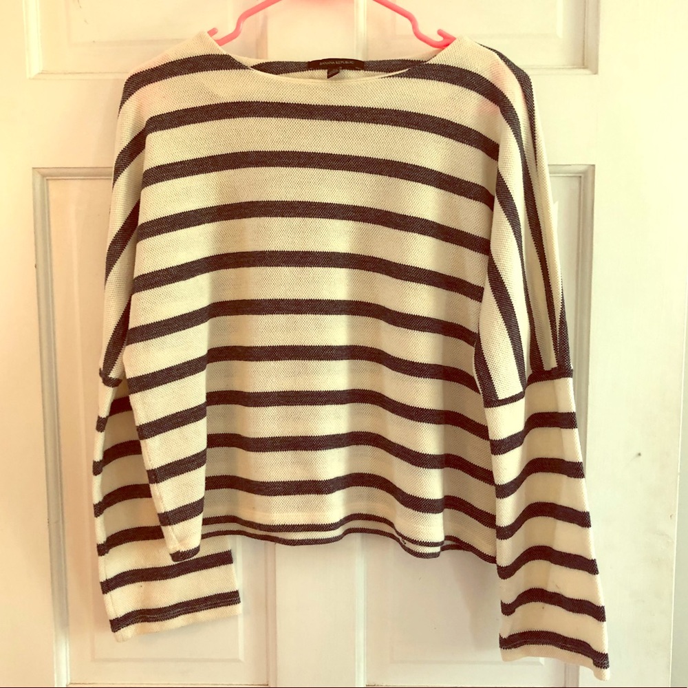 Zara Blue & White Striped Boxy Bell Sleeve Sweater